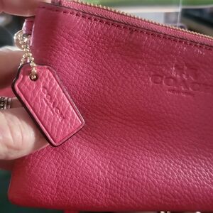 Coach Fuchsia Leather Wristlet with Gold Accents Double Zip